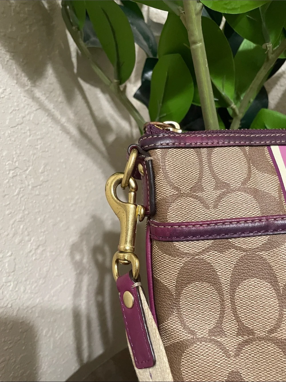 Coach Tan Signature Crossbody with Pink Stripe